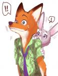 2016 anthro canid canine clothed clothing disney duo exclamation_point female fox fur judy_hopps lagomorph leporid male mammal nick_wilde rabbit red_fox simple_background true_fox white_background yukineko zootopia 黄緑色野菜