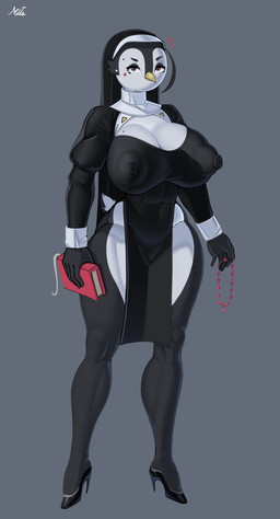 5_fingers abs anthro areola_outline beak big_breasts biped book breasts brown_eyes cleavage clothed clothing eyebrows eyelashes eyeshadow female fingers footwear fur hair high_heels holding_book holding_object huge_breasts makeup mouth_closed muscular muscular_anthro muscular_female navel nipple_outline nipples non-mammal_breasts non-mammal_navel non-mammal_nipples nun nun_habit nun_outfit pupils question_mark religious_clothing shoes solo standing thick_thighs white_breasts white_sclera wide_hips yellow_beak mitiz-art avian bird penguin 2024 absurd_res hi_res