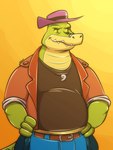 anthro biped bottomwear clothing green_body hat headgear headwear jewelry male pants pendant shirt slightly_chubby solo topwear anilover16 brok_the_investigator cowcat_games brok_(brok_the_investigator) alligator alligatorid crocodilian reptile scalie 2023 3:4 hi_res