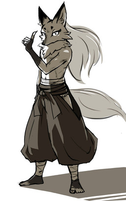 5_fingers 5_toes anthro asian_clothing biped bottomwear cheek_tuft clothed clothed_anthro clothed_male clothing dipstick_ears ear_markings east_asian_clothing facial_tuft feet fingers fur gesture hakama hand_gesture humanoid_feet humanoid_hands inner_ear_fluff japanese_clothing leg_wrap male male_anthro multicolored_ears navel plantigrade ruff simple_background solo standing tail toes topless topless_anthro topless_male tuft wraps 8aaccoo canid canine fox mammal 2015 digital_media_(artwork) hi_res