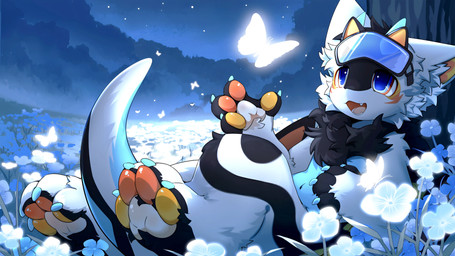 4_fingers anthro biped blue_body blue_eyes blue_fur blush blush_lines chest_tuft eyewear eyewear_on_head fangs feet fingers flower fur goggles goggles_on_head handpaw hindpaw inner_ear_fluff kemono light looking_up lying male multicolored_body multicolored_fur neck_tuft night on_back open_mouth open_smile outside pawpads paws plant smile solo teeth tree tuft white_body white_fur hlg7777 mythology fructose_(fructose_c) arthropod butterfly butterfly_dragon dragon furred_dragon furred_scalie insect lepidopteran mythological_creature mythological_scalie scalie 2025 absurd_res chinese_description digital_drawing_(artwork) digital_media_(artwork) hi_res lighting shaded translated_description wallpaper