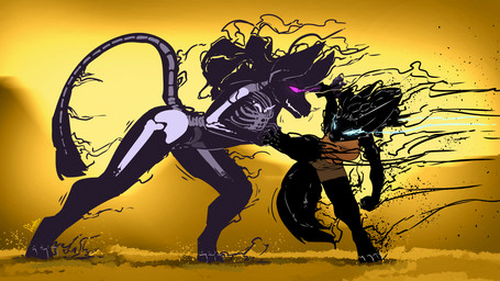 anthro black_body black_fur blue_eyes bone bottomwear clothing duo fight fur magic purple_eyes shirt shorts skeleton sunset tank_top topwear feretta fenavi_montaro ky'lar_tarrez canid canine fennec_fox fox mammal monster true_fox tynx 16:9 digital_media_(artwork) hi_res widescreen herm_(lore)
