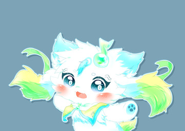 anthro blue_background blue_ears blue_eyes blush chibi clothed clothing female fur green_body green_fur kemono musical_note musical_symbol open_mouth open_smile semi-anthro simple_background smile solo symbol white_body white_fur deaic mammal 2017 absurd_res digital_media_(artwork) hi_res