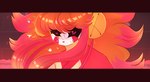 angry animal_mask anthro bangs bell bell_bow big_hair cracks crenelations female fight fox_mask glaring glistening glistening_hair glowing glowing_eyes hair mask red_eyes red_hair shaking shocked side_bangs snout solo trembling konekomina undertale_yellow ceroba_ketsukane_(kitsune_form) canid canine fox mammal hi_res letterbox