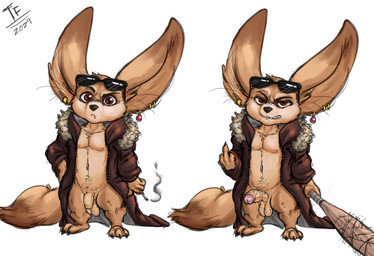 3_toes 4_fingers angry anthro balls baseball_bat bat_(object) big_ears body_hair bottomless brown_eyes cigarette clothed clothing ear_piercing ear_ring erection eyewear feet fingers flaccid foreskin fur genitals gesture gold_(metal) gold_ear_ring hairy_balls hand_gesture holding_cigarette holding_object humanoid_genitalia humanoid_penis jacket jacket_only looking_at_viewer male middle_finger nude penis piercing ring_piercing saggy_balls solo spiked_bat sunglasses tan_body tan_fur toes topwear topwear_only vein veiny_penis fennephilim_fox disney zootopia finnick_(zootopia) canid canine fennec_fox fox mammal true_fox hi_res