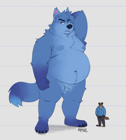 4_toes anthro armpit_hair balls belly blue_body blue_fur body_hair bottomwear brown_body brown_fur chest_tuft chubby_face claws clothed clothing duo ear_tuft extreme_size_difference eyebrows feet fluffy fur genitals happy happy_trail hoodie humanoid_genitalia macro male moobs navel neck_tuft nipples overweight pants paws penis pointy_ears raised_arm serious size_difference slightly_chubby standing sweatpants tail toe_claws toes topwear tuft spyz_(artist) dan_(spyz) ethan_(spyz) canid canine canis hyena mammal spotted_hyena wolf 2024 hi_res watermark