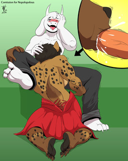 anthro biceps bodily_fluids bottomwear breasts clothed clothing cum cum_from_mouth cum_in_mouth cum_inside cumshot cumshot_in_mouth curling_toes duo ejaculation erection feet fellatio female female_penetrated fingers fur genital_fluids genitals hair half-closed_eyes hand_on_head horn kneeling looking_pleasured male male/female male_penetrating male_penetrating_female muscular muscular_anthro muscular_female narrowed_eyes one_eye_closed open_mouth oral oral_penetration orgasm orgasm_face pants pants_only penetration penile penis plantigrade sex simple_background sitting smile soles spread_legs spreading tail toes tongue tongue_out topless topless_anthro topless_female topless_male white_body white_fur denlusty undertale undertale_(series) asriel_dreemurr helena_(nopolopolous) boss_monster_(undertale) bovid caprine goat hyena mammal spotted_hyena 4:5 digital_media_(artwork) hi_res
