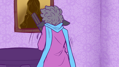 ambiguous_gender anthro blue_scarf clothed clothed_ambiguous clothed_anthro clothing female front_view fully_clothed fully_clothed_ambiguous fully_clothed_anthro furniture grey_hair gun hair holding_gun holding_object holding_ranged_weapon holding_shotgun holding_weapon medium_comic motion_lines photo picture_frame pink_clothing ranged_weapon rear_view scarf shotgun silhouette solo table wall_(structure) weapon kiingkiismet bovid caprine mammal sheep 16:9 2021 comic digital_drawing_(artwork) digital_media_(artwork) flat_colors half-length_portrait hi_res picture_in_picture portrait widescreen