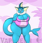 2020 anthro anthrofied beach big_breasts blue_body blue_eyes blue_skin bodily_fluids breasts chocend clothed clothing eeveelution female generation_1_pokemon hi_res nintendo obese obese_anthro obese_female one-piece_swimsuit overweight overweight_anthro overweight_female pokemon pokemon_(species) pokemorph portrait seaside smile solo standing sweat sweatdrop swimwear tail thick_thighs three-quarter_portrait vaporeon