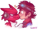 blush brown_hair clothing duo electronics eyes_closed eyewear goggles hair headphones heart_symbol kissing male male/male clocky_(artist) bandai_namco digimon digimon_xros_wars taiki_kudou digimon_(species) human mammal reptile scalie shoutmon