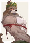 anthro biceps bound brown_body brown_fur clothing fur hat headgear headwear male mongolian_clothing muscular muscular_anthro muscular_male pecs shirtless solo string triceps hachi_duchi lifewonders tokyo_afterschool_summoners temujin_(tas) canid canine canis mammal wolf 2022 colored hi_res signature