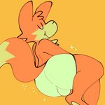 1:1 anthro big_butt bulge butt canid canine chest_tuft clothed clothing cute_fangs fox male mammal simple_background smile solo squishy_(artist) tobi_(squishy) tuft underwear underwear_only yellow_background