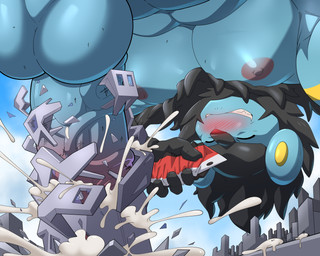 all_fours anthro balls barazoku big_penis black_body black_fur blue_body blush bodily_fluids building_penetrated building_sex city cum cum_inside cum_on_ground destruction erection excessive_cum excessive_genital_fluids eyes_closed fur genital_fluids genitals humanoid_genitalia humanoid_penis macro macro_anthro macro_male male mane muscular muscular_male orgasm penis ship solo vehicle watercraft maldu nintendo pokemon felid generation_4_pokemon luxray mammal pokemon_(species) 5:4 absurd_res hi_res
