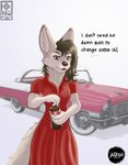 1950s alternative_fashion breasts car cleavage clothed clothing dialogue dress female fluffy fluffy_tail motor_vehicle polka_dots red_clothing red_dress rockabilly sandy_fur tail text vehicle vintage vintage_car whiskers pawprincess inktober packard canid canine fennec_fox fox mammal true_fox 2023 absurd_res colored digital_drawing_(artwork) digital_media_(artwork) english_text hi_res shaded