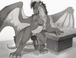 black_knot bodily_fluids claws dripping erection feral genital_fluids genitals horn knot male mane membrane_(anatomy) membranous_wings penis precum precum_drip scales solo ventral_scales white_claws wings frusha mythology dragon mythological_creature mythological_scalie scalie