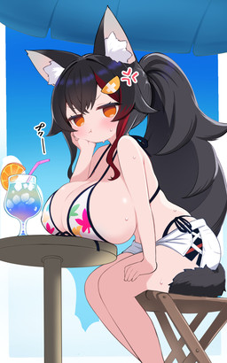 accessory alcohol annoyed beach beach_umbrella beverage big_breasts big_butt bikini black_hair bodily_fluids bottomwear breast_rest breasts butt chair clothing cocktail colored_edge_bikini cross-popping_vein dull_eyes female front-tie_bikini furniture hair hair_accessory halter_bikini hand_on_leg hand_on_thigh highlights_(coloring) hotpants huge_breasts inner_ear_fluff leaf_print leaf_print_bikini long_hair long_ponytail neck-tie_bikini orange_eyes parasol ponytail pouting red_highlights shorts side-tie_bikini side_view sitting solo string_bikini sweat swimwear table tail tail_coil text thick_thighs triangle_bikini tuft two-piece_swimsuit white_bottomwear white_clothing white_shorts zazami_d hololive vtuber ookami_mio animal_humanoid canid canid_humanoid canine canine_humanoid humanoid mammal mammal_humanoid wolf_humanoid 5:8 hi_res japanese_text