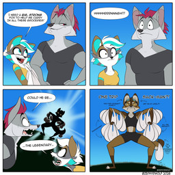 4_panel_comic alternate_species anthro brown_body brown_fur cheek_tuft clothing crop_top dialogue eyewear eyewear_on_head facial_tuft fangs female fur goggles goggles_on_head green_body green_fur green_highlights grey_body grey_fur group hair half-closed_eyes highlights_(coloring) humor male narrowed_eyes pink_hair shirt smile smirk smug smug_face speech_bubble tail tan_body tan_fur tank_top teeth text topwear trio tuft v-neck white_hair wide_eyed yellow_sclera zephyriwolf savaj shreddy_(shreddyfox) zephyri_q_wolf canid canine canis fox mammal wolf 1:1 2026 comic english_text hi_res