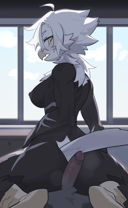 anthro areola beak biped black_body blush breasts butt clothed clothing cloud day duo faceless_anthro faceless_character faceless_male female genitals hair inside looking_at_viewer looking_back looking_back_at_viewer male nipples nude nude_anthro nude_female nude_male panties pantsless pantsless_anthro pantsless_female penis rear_view shirt sky tail topwear underwear white_hair white_tail window yellow_eyes kaltespur avian bird 2025 absurd_res digital_drawing_(artwork) digital_media_(artwork) hi_res
