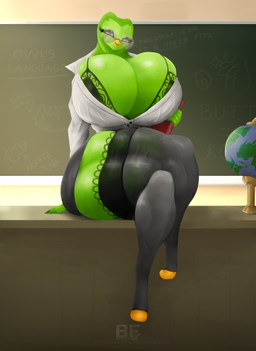 anthro beak big_breasts book bra breasts chalkboard classroom classroom_desk clothing desk eyelashes eyewear female furniture glasses globe green_body holding_book holding_object huge_breasts huge_thighs legwear looking_at_viewer mascot school shirt sitting_on_desk solo table teacher text thick_thighs topwear underwear wearing_glasses borisfed duolingo duo_(duolingo) avian bird owl english_text hi_res russian_text