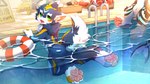 3_fingers 4_toes anthro biped blue_body blue_fur chest_tuft feet fingers fish_tail floating floating_on_water fluffy fluffy_tail fur green_eyes group hindpaw inner_ear_fluff kemono light looking_at_viewer looking_back looking_back_at_viewer male multicolored_body multicolored_fur neck_tuft open_mouth open_smile partially_submerged pawpads paws rear_view smile smiling_at_viewer sunlight swim_ring swimming_pool tail text toes tuft water white_body white_fur hlg7777 production_taiikukan lion_(fw_rion) domestic_cat felid feline felis furred_fish mammal 16:9 2025 chinese_text digital_drawing_(artwork) digital_media_(artwork) hi_res shaded wallpaper widescreen