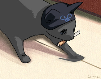 all_fours ambiguous_gender cigarette cigarette_in_mouth close-up clothing cosplay feral fur grey_body grey_eyes grey_fur grey_nose hat headgear headwear humor looking_down nude object_in_mouth pupils slit_pupils solo walking ceipr cigarette_cat danganronpa danganronpa_v3 spike_chunsoft ryoma_hoshi domestic_cat felid feline felis mammal 2020 half-length_portrait hi_res meme portrait