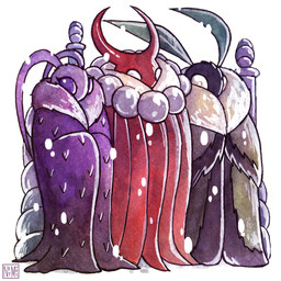 ambiguous_gender antennae_(anatomy) anthro biped eyelashes female fur group logo neck_tuft purple_eyes standing trio tuft white_eyes netmors hollow_knight_(franchise) team_cherry markoth_(hollow_knight) seer_(hollow_knight) thistlewind_(hollow_knight) arthropod insect lepidopteran moth 1:1 2021 absurd_res artist_logo hi_res painting_(artwork) watercolor_(artwork) male_(lore)
