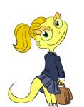 anthro bag biped bottomwear clothed clothing female footwear hair handbag legwear looking_at_viewer orange_hair ponytail school_uniform simple_background skirt smile socks solo standing tail tail_under_skirt uniform white_background unknown_artist dreamworks lizzie_green_(dreamworks) lizard reptile scalie