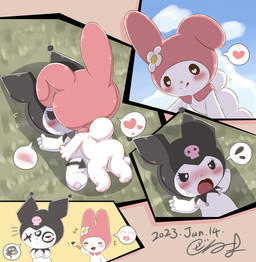 blush blush_lines bone duo female female/female flower_accessory heart_eyes heart_pupils heart_reaction heart_symbol hood licking licking_lips open_mouth open_smile prank scut_tail short_tail skull skull_head smile spade_tail tail tongue tongue_out zeru_(ma) onegai_my_melody sanrio kuromi my_melody demon hybrid lagomorph leporid mammal rabbit 2023 cel_shading dated digital_drawing_(artwork) digital_media_(artwork) hi_res shaded signature