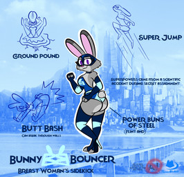 anthro armwear balaclava big_butt bodysuit boots butt clothing elbow_gloves female fingerless_gloves footwear gloves handwear legwear leotard logo mask shoes skinsuit solo superhero superhero_costume text thigh_boots thigh_highs tight_clothing toeless_boots toeless_footwear thomasbluewolf disney zootopia bunny_bouncer judy_hopps european_rabbit lagomorph leporid mammal oryctolagus rabbit 2026 artist_logo digital_media_(artwork) english_text hi_res model_sheet