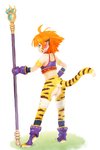 bottomless butt clothed clothing facial_markings female hair head_markings markings orange_hair rear_view simple_background smile solo staff stripes white_background tetetor-oort breath_of_fire capcom katt_(breath_of_fire) animal_humanoid felid felid_humanoid humanoid mammal mammal_humanoid pantherine pantherine_humanoid tiger_humanoid 2020 hi_res