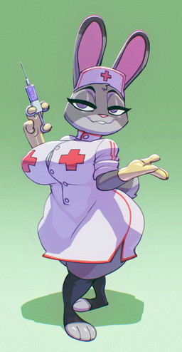 anthro barefoot big_breasts biped breasts clothed clothing eyebrows feet female fingers gloves green_background handwear pink_nose purple_eyes shadow simple_background smile solo syringe teeth topwear bigdad disney zootopia judy_hopps lagomorph leporid mammal rabbit