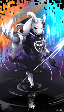 altered_reflection anthro barefoot biped black_sclera clothed clothing delta_rune_(emblem) feet fur glistening holding_melee_weapon holding_object holding_sword holding_weapon horn long_ears looking_at_viewer male melee_weapon reflection solo standing sword symbol water water_reflection weapon white_body white_fur waddledox undertale undertale_(series) asriel_dreemurr_(god_form) boss_monster_(undertale) bovid caprine mammal 2016 digital_media_(artwork) hi_res