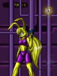 5_fingers anthro biped black_eyes blonde_hair breasts clothing female fingers fur hair long_ears long_hair looking_up solo spread_legs spreading standing tight_clothing yellow_body yellow_fur snowfyre epic_games jazz_jackrabbit_(series) lori_jackrabbit hare lagomorph leporid mammal 2011