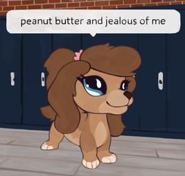 blue_eyes brown_body brown_fur chibi dialogue female feral fur solo speech_bubble text young marsminer hasbro littlest_pet_shop roblox canid canine canis domestic_dog mammal 2026 digital_media_(artwork) english_text hi_res meme redraw