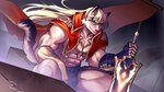 5_fingers abs anthro blonde_hair bulge cloak clothing fingers hair holding_melee_weapon holding_object holding_sword holding_weapon long_hair looking_at_viewer male melee_weapon sitting solo sword weapon littef canid canine canis domestic_dog mammal 2023 alternate_version_at_source hi_res