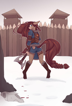 angry anthro axe clothed clothing feathered_wings feathers female fur hair looking_at_viewer male outside solo viking wings winter chapaevv hasbro my_little_pony mythology fan_character ondrea_(ondrea) canid canine canis equid equine mammal mythological_creature mythological_equine pegasus wolf absurd_res digital_media_(artwork) hi_res
