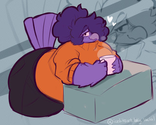 anthro beak big_butt black_bottomwear black_clothing black_pants bottomwear breasts butt clothing container cup feathers female hair heart_symbol looking_at_viewer mug orange_clothing orange_sweater orange_topwear pants purple_body purple_hair smile smiling_at_viewer solo sweater tail tail_feathers topwear icebitez jinx_(jinx_birdy) avian bird