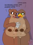 2_heads 2_pussies 3_breasts 3_legs anthro belly big_belly big_breasts breasts conjoined dialogue duo female genitals huge_breasts hydra_problems mismatched_nipples multi_breast multi_genitalia multi_head multi_leg multi_limb multi_pussy multicolored_nipples navel nipples non-mammal_nipples nude product_placement pussy slightly_chubby standing text lonnyk accipitrid accipitriform avian bear bird eagle mammal absurd_res english_text hi_res