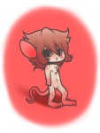 andromorph anthro biped blush brown_hair chest_tuft fur genitals hair intersex looking_at_viewer navel nipples nude pink_nose pussy red_background simple_background solo standing tail tuft white_background young young_anthro momorodent momo_(momorodent) mammal rodent