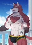 abs anthro bulge chest_tuft day fur male muscular muscular_anthro muscular_male nipples pubes red_body red_fur shirtless shirtless_male smile solo teacher tuft luwei_(artist) knights_college diederich_olsen canid canine mammal