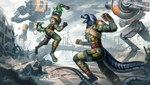 action_pose anthro black_body black_fur black_sclera blue_body bridge clothed clothing day destruction duo fangs fight fur green_eyes green_hair green_markings grey_body hair jumping machine male male_anthro markings mecha motion_blur open_mouth outside pose sharp_teeth short_hair striped_markings striped_tail stripes tail tail_markings teeth text tongue tongue_out uniform yellow_eyes marie_merkh electronic_arts respawn_entertainment titanfall canid canine mammal reptile scalie snake artist_name hi_res signature