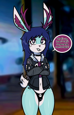 alternative_fashion antlers big_butt butt clothing femboy goth horn jacket male solo thong topwear underwear rubber2d aj_jackalope humanoid jackalope lagomorph mammal hi_res
