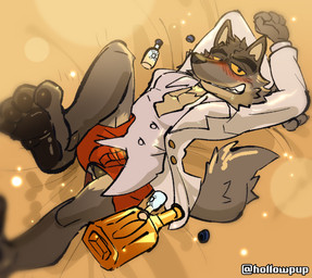 4_toes alcohol anthro balls beverage blush bodily_fluids bottle bottomwear brown_body brown_fur bulge clothing container drooling drunk feet fur genitals grin jacket looking_at_viewer lying male male_anthro on_back red_bottomwear red_clothing red_underwear saliva smile solo substance_intoxication sweat toes topwear underwear white_clothing white_jacket white_topwear yellow_sclera hollowpup dreamworks the_bad_guys mr._wolf_(the_bad_guys) canid canine canis mammal wolf hi_res