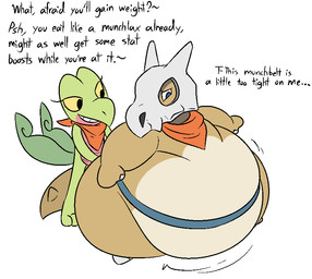 ambiguous_gender anthro assisted_dressing belly belly_overhang belt big_belly biped brown_body clothing duo feederism female female/ambiguous gameplay_mechanics green_body grin high-angle_view huge_belly kerchief neckerchief neckwear obese obese_ambiguous obese_anthro overweight overweight_ambiguous overweight_anthro reluctant semi-anthro shy simple_background smile standing teasing text thick_thighs tight_belt tight_clothing weight_difference weight_teasing white_background wide_hips thatoneaceguy nintendo pokemon pokemon_mystery_dungeon spike_chunsoft cubone generation_1_pokemon generation_3_pokemon pokemon_(species) treecko 2022 digital_media_(artwork) english_text
