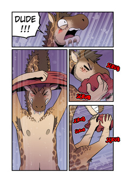 armpit_hair blush bodily_fluids body_hair brown_body brown_hair brown_mane cleaning clenched_teeth clothing cum cum_drool cum_from_mouth cum_in_mouth cum_inside dialogue eyes_closed four_frame_image genital_fluids hair holding_clothing holding_object long_neck male mane nipples onomatopoeia open_mouth panicking removing_shirt scrubbing solo sound_effects speech_bubble teeth text undressing wiping_cum wiping_face yelling yellow_body t0l0k andrew_(t0l0k) giraffe giraffid mammal absurd_res comic english_text hi_res