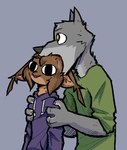 anthro bite biting_another brown_body brown_fur clothing duo fur green_clothing green_shirt green_topwear grey_background grey_body grey_fur hoodie male purple_clothing purple_hoodie purple_topwear shirt simple_background topwear yellow_eyes theblueberrycarrots borko_(barkwoofawoo) marc_(theblueberrycarrots) canid canine canis felid feline lynx mammal wolf 2024 digital_drawing_(artwork) digital_media_(artwork)