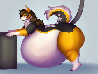 4_fingers anal anal_penetration anthro belly big_belly big_butt black_claws black_nose blue_background brown_facial_hair brown_goatee brown_hair butt claws countershade_accent eyewear facial_hair feet fingers fur glasses gloves_(marking) goatee hair hose hose_inflation huge_belly inflation leg_markings male male_penetrated markings multicolored_body multicolored_fur orange_body orange_eyes orange_fur penetration simple_background socks_(marking) solo star tail toes wearing_glasses akushark jojo_corgi canid canine mammal hi_res shaded