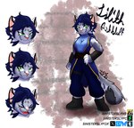 alternate_color anthro black_boots black_clothing black_footwear blue_bottomwear blue_cloak blue_clothing blue_hair blue_pants blue_shirt blue_topwear boots bottomwear cloak clothing facial_expressions female footwear fur green_eyes grey_body grey_fur hair hand_on_hip laughing_at_another leg_strap looking_at_viewer markings multicolored_body multicolored_fur pants pink_nose rogue shirt shoes short_hair simple_background simple_coloring sleeveless_clothing sleeveless_hoodie sleeveless_shirt smirking_at_another solo spots spotted_body spotted_fur standing text thief topwear wristband sinisterslyfox lilith_ashbluff felid feline mammal pantherine snow_leopard english_description english_text hi_res shaded simple_shading soft_shading