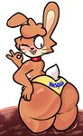 anthro big_butt blush breasts brown_body butt candy chocolate chocolate_milk clothing collar crossgender dessert female flavored_milk food gesture hand_gesture hand_on_butt liquid looking_back mascot milk mtf_crossgender ok_sign one_eye_closed open_mouth panties pink_nose rear_view red_collar scut_tail short_tail simple_background solo standing tail thick_thighs underwear white_background wink yellow_clothing yellow_panties yellow_underwear lewdewott nesquik nesquik_bunny lagomorph leporid mammal rabbit 2024 digital_drawing_(artwork) digital_media_(artwork) hi_res