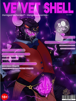 bartender bodily_fluids bow_tie claws cum cum_drip cum_on_penis demon_penis dripping electricity facial_piercing fog genital_fluids genitals glowing glowing_claws glowing_genitalia glowing_horn glowing_penis glowing_veins gold_(metal) gold_jewelry gold_piercing harem_clothing harem_jewelry harem_outfit horn jewelry licking licking_lips monster_penis navel navel_piercing nipple_piercing nipples nose_piercing penile_spines penis piercing purple_claws purple_electricity purple_penis purple_tongue purple_veins red_eyes red_sclera saliva saliva_drip saliva_on_tongue sharp_teeth smile smiling_at_viewer teeth text tongue tongue_out triangle_pupils vein veiny_muscles veiny_penis ben_d_koopa benediktus_(artist) mythology vuuzthar_(ben_d_koopa) canid canine demigod demon mammal monster mythological_canine mythological_creature terror_dog 2026 3:4 absurd_res cover digital_drawing_(artwork) digital_media_(artwork) hi_res magazine_cover watermark